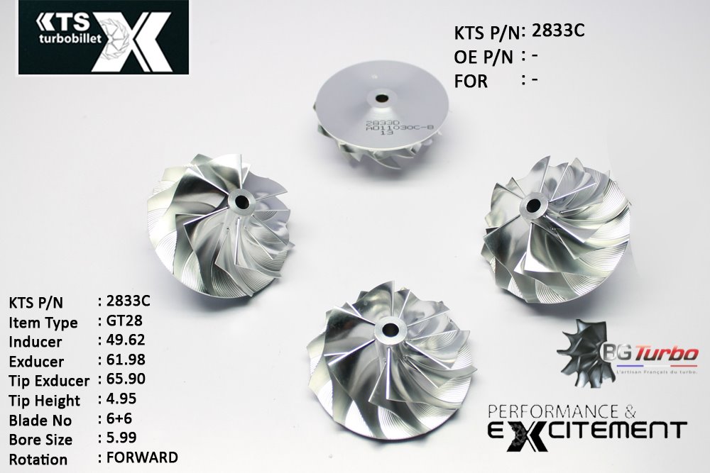 Turbo ROUE FORGÉE MFS PERFORMANCE - 6+6 PALES - INDUCER : 49,62 - EXDUCER : 61,98 - TYPE : GT28ANGLE : 50° - ROTATION : Forward - SUPER BACK : 2,32 - BORE SIZE : 5,99
